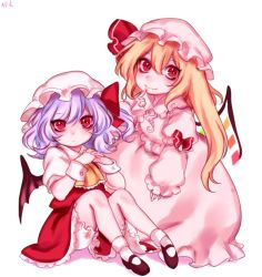 Rule 34 | 2girls, ascot, asymmetrical hair, bad id, bad twitter id, blonde hair, bubble skirt, clothes lift, cosplay, costume switch, finger to mouth, flandre scarlet, flandre scarlet (cosplay), hat, hat ribbon, interlocked fingers, light purple hair, long sleeves, looking at viewer, mary janes, mob cap, multiple girls, puffy sleeves, red eyes, remilia scarlet, remilia scarlet (cosplay), ribbon, shirt, shoes, short hair, short sleeves, siblings, simple background, sisters, sitting, skirt, skirt lift, skirt set, smile, socks, tis (shan0x0shan), touhou, vest, white background, white legwear, wrist cuffs