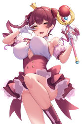 Rule 34 | 1girl, absurdres, alternate costume, armpit crease, bare shoulders, blush, breasts, crown, fang, gloves, heterochromia, highres, hololive, houshou marine, large breasts, looking at viewer, magical girl, open mouth, pink skirt, red hair, short twintails, simple background, skirt, solo, standing, standing on one leg, thighs, tongue, tousaki (tousakiworks), twintails, virtual youtuber, wand, wavy mouth, white background, white gloves