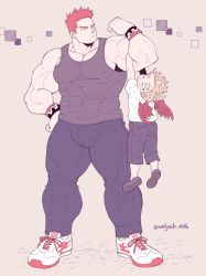 Rule 34 | 2boys, aged down, bara, bare arms, biceps, black tank top, boku no hero academia, bulge, carrying, carrying person, child, covered abs, covered erect nipples, endeavor (boku no hero academia), feathered wings, flat color, flexing, hawks (boku no hero academia), large pectorals, lifting person, male focus, mature male, multiple boys, muscular, muscular male, pants, pectorals, red hair, sekijaku, shoes, short hair, sideburns, size difference, smile, sneakers, spiked hair, tank top, thick thighs, thighs, tight clothes, tight pants, wings