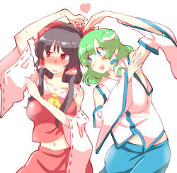 Rule 34 | 2girls, bad id, bad pixiv id, black hair, blue eyes, blush, bow, brown eyes, collarbone, detached sleeves, frog hair ornament, green hair, hair bow, hair ornament, hair tubes, hakurei reimu, heart, heart arms, looking at another, looking away, midriff, multiple girls, non (z-art), open mouth, red ribbon, ribbon, ribbon-trimmed sleeves, ribbon trim, snake hair ornament, touhou, upper body, white background, wide sleeves