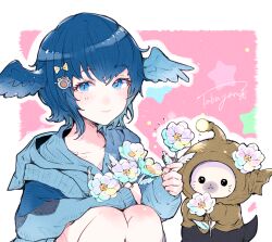 Rule 34 | 1girl, 1other, bioluminescence, blue eyes, blue hair, blue hoodie, blue wings, closed mouth, diving helmet, diving suit, feet out of frame, final fantasy, final fantasy xiv, flower, glowing, grebuloff, hair between eyes, hair ribbon, hat, hat flower, head wings, helmet, highres, holding, holding flower, hood, hoodie, knees up, light smile, meteion, mokokoiro, patchwork clothes, ribbon, short hair, signature, sitting, tail, whiskers, white flower, wings, yellow ribbon