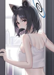 Rule 34 | 1girl, absurdres, animal, animal ear fluff, animal ears, black eyes, black hair, blue archive, blue halo, blush, breasts, camisole, cat ears, fish, halo, highres, kikyou (blue archive), looking at viewer, medium breasts, raki kr, short hair, solo, upper body, white camisole
