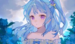 Rule 34 | 1girl, :o, arms at sides, bang dream!, bare shoulders, blue flower, blue hair, blush, cloud, cloudy sky, day, flower, frilled shirt, frills, hair flower, hair ornament, highres, long bangs, long hair, looking at viewer, matsubara kanon, off-shoulder shirt, off shoulder, one eye closed, open mouth, outdoors, purple eyes, purple flower, shirt, sidelocks, sky, solo, upper body, white shirt, yuumii 0120