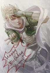 Rule 34 | 1boy, battle tendency, bibibisk, birthday, blonde hair, caesar anthonio zeppeli, cropped jacket, facial mark, feathers, fingerless gloves, gloves, green eyes, green jacket, head wings, headband, jacket, jojo no kimyou na bouken, knee pads, looking at viewer, male focus, nail polish, one eye closed, pants, realistic, ribon, scarf, solo, white pants, wings, wink