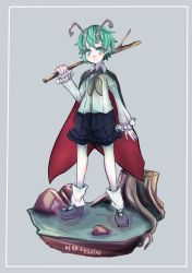 Rule 34 | 1girl, absurdres, androgynous, antennae, black cape, black footwear, black shorts, blush, cape, closed mouth, collared shirt, commentary, commission, english commentary, flat chest, frilled shorts, frilled sleeves, frills, full body, green eyes, green hair, highres, holding, holding stick, kirakelvin, long sleeves, looking at viewer, red cape, rock, shirt, shoes, short hair, shorts, signature, smile, socks, solo, standing, stick, touhou, tree stump, two-sided cape, two-sided fabric, white shirt, white socks, wriggle nightbug