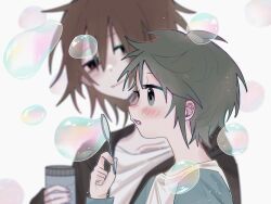 Rule 34 | 2boys, amber-breathe, black jacket, blowing bubbles, blue sleeves, blurry, blurry background, brothers, brown hair, bubble, bubble wand, chinese commentary, closed mouth, commentary request, green eyes, green hair, highres, holding, isoi haruki, isoi reiji (rei-kun), jacket, light particles, long bangs, male focus, multiple boys, open clothes, open jacket, open mouth, raglan sleeves, red eyes, saibou shinkyoku, shirt, short hair, siblings, smile, white shirt