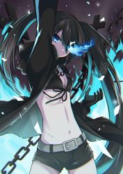 Rule 34 | 1girl, absurdres, arm up, asymmetrical hair, belt, bikini, bikini top only, black hair, black rock shooter, black rock shooter (character), blue eyes, blue fire, breasts, broken, broken chain, chain, cleavage, covering own mouth, cross, fire, flaming eye, front-tie bikini top, front-tie top, gloves, highres, hood, hoodie, jacket, long hair, long sleeves, nagitofuu, navel, scar, scar on stomach, short shorts, shorts, small breasts, solo, stitched torso, stitches, swimsuit, twintails, very long hair, zipper pull tab