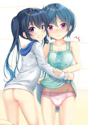 Rule 34 | 2girls, ^^^, arm grab, ass, bare arms, bare shoulders, blue hair, blush, bottomless, bow, bow panties, breasts, closed mouth, clothes lift, collarbone, commentary request, day, dress, dress lift, gluteal fold, green dress, grey hoodie, grin, hair between eyes, head tilt, highres, hood, hood down, hoodie, lifting another&#039;s clothes, long hair, long sleeves, migumi (niiya), minami (niiya), multiple girls, niiya, off shoulder, original, panties, pink panties, purple eyes, siblings, sisters, sleeveless, sleeveless dress, small breasts, smile, standing, standing on one leg, sunlight, twins, twintails, underwear, very long hair, wavy mouth, window