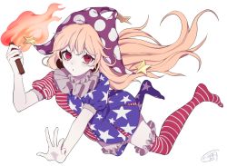 Rule 34 | 1girl, :o, alternate legwear, american flag dress, american flag legwear, blonde hair, blush, braid, clownpiece, dress, fire, floating hair, frilled thighhighs, frills, full body, hat, holding, jester cap, long hair, looking at viewer, neck ruff, no shoes, no wings, polka dot, purple hat, red eyes, short dress, short sleeves, simple background, single braid, solo, star (symbol), star print, striped, thighhighs, torch, touhou, white background, zabu rou