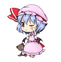 Rule 34 | 1girl, blue hair, blush, female focus, full body, hat, musashino udon, one eye closed, red eyes, remilia scarlet, short hair, simple background, sleepy, solo, standing, stuffed animal, stuffed toy, teddy bear, touhou, white background, wings, wink