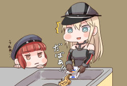 Rule 34 | 10s, 2girls, bare shoulders, bismarck (kancolle), blue eyes, brown eyes, brown gloves, commentary request, cup ramen, failure, gloves, hat, highres, horoyuki (gumizoku), instant soba, kantai collection, long hair, military, military hat, military uniform, multiple girls, open mouth, peaked cap, red hair, sailor hat, uniform, yakisoba, z3 max schultz (kancolle)