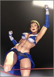 Rule 34 | 1girl, abs, armpits, blue shorts, breasts, brown eyes, brown hair, cleavage, clenched hands, clothes around waist, covered erect nipples, crop top, elbow gloves, elbow pads, fingerless gloves, fist pump, gloves, john doe (jdart), kazama asuka, large breasts, nose, open mouth, short hair, short shorts, shorts, smile, solo, stage lights, sweat, swept bangs, tekken, tekken 7, thick thighs, thighs, tightrope, toned, unzipped, wrestling ring