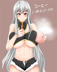 Rule 34 | 00s, 1girl, abs, ascot, bad id, bad pixiv id, bare shoulders, blush, breasts, cup, denim, denim shorts, holding, huge breasts, long hair, midriff, no bra, panties, red eyes, selvaria bles, senjou no valkyria, senjou no valkyria (series), senjou no valkyria 1, shorts, silver hair, simple background, solo, steam, sugamo, translated, unbuttoned, underboob, underwear, unzipped, very long hair, white panties