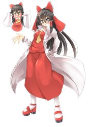 Rule 34 | 2girls, ascot, black eyes, black hair, blush, bow, breasts, bright pupils, coat, commentary request, cookie (touhou), detached sleeves, dress, frilled bow, frills, full body, glasses, hair between eyes, hair bow, hakurei reimu, hand in pocket, highres, hotaruda (cookie), hyper muteki (ningen no kuzu), lab coat, long hair, long skirt, long sleeves, looking at viewer, mary janes, medium breasts, mini person, minigirl, multiple girls, necktie, open mouth, popped collar, red-framed eyewear, red bow, red dress, red footwear, red shirt, red skirt, semi-rimless eyewear, shinonome (cookie), shirt, shoes, simple background, skirt, sleeves past fingers, sleeves past wrists, smile, touhou, transparent background, under-rim eyewear, white coat, white pupils, white sleeves, yellow ascot, yellow necktie