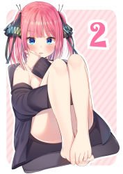 Rule 34 | 1girl, absurdres, bare legs, barefoot, blue eyes, blunt bangs, blush, border, breasts, butterfly hair ornament, cardigan, convenient leg, eyes visible through hair, feet, fingernails, go-toubun no hanayome, hair ornament, hair ribbon, hand on own cheek, hand on own face, hand up, highres, leg up, long sleeves, looking at viewer, medium breasts, medium hair, nakano nino, naked sweater, nari (narikashi), off shoulder, open cardigan, open clothes, open mouth, outline, outside border, patterned background, pink hair, ribbon, sidelocks, simple background, sitting, sleeves past wrists, solo, sweater, toenails, twintails, white outline