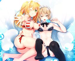 Rule 34 | 2girls, artoria pendragon (alter swimsuit rider) (fate), artoria pendragon (fate), ass, bare legs, barefoot, bikini, black bikini, blonde hair, blowing kiss, breasts, criss-cross halter, fate/grand order, fate (series), food, frilled bikini, frills, green eyes, hair between eyes, hair intakes, halterneck, hand on another&#039;s waist, highres, light brown hair, long hair, looking at viewer, maid, maid bikini, maid headdress, medium breasts, multiple girls, navel, nero claudius (fate), nero claudius (fate) (all), nero claudius (swimsuit caster) (fate), ocean, one eye closed, outstretched arm, popsicle, short hair, smile, striped bikini, striped clothes, swimsuit, thighs, unconventional maid, v-shaped eyebrows