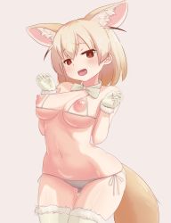 Rule 34 | 10s, 1girl, animal ears, atama neko (atamaneko 110100), blonde hair, bow, bowtie, bra, breasts, brown eyes, cowboy shot, cupless bra, extra ears, fennec (kemono friends), fox ears, fox tail, fur-trimmed gloves, fur-trimmed legwear, fur trim, gloves, grey background, hands up, heart, heart-shaped pupils, highres, kemono friends, large areolae, looking at viewer, medium breasts, navel, nipples, open mouth, panties, side-tie panties, simple background, smile, solo, symbol-shaped pupils, tail, thighhighs, underwear, white bow, white bowtie, white gloves, white panties