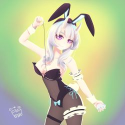 Rule 34 | 1girl, absurdres, anastasia white, animal print, blue bow, bow, breasts, color background, egg, highres, horns, looking at viewer, pantyhose, pink eyes, rabbit, rabbit ears, rabbit print, rabbit tail, sedai one, smile, sr leo , string, thigh strap, virtual youtuber, white hair, white horns, wrist cuffs