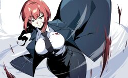 Rule 34 | 1girl, black necktie, black pants, braid, braided ponytail, breasts, chainsaw man, collared shirt, hatotheman, highres, jacket, large breasts, long hair, long sleeves, looking at viewer, makima (chainsaw man), necktie, office lady, open clothes, open jacket, pants, red hair, ringed eyes, shirt, simple background, smile, solo, white shirt, yellow eyes