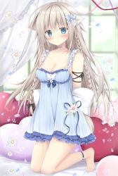 Rule 34 | 1girl, absurdres, animal ear fluff, animal ears, arms behind back, bare shoulders, barefoot, black bow, blue choker, blue eyes, blush, bow, braid, breasts, choker, cleavage, closed mouth, collarbone, commentary request, curtains, dog ears, dog girl, dog tail, flower, frills, grey hair, hair between eyes, hair bow, highres, holding, holding pillow, indoors, kneeling, korie riko, lingerie, long hair, medium breasts, negligee, original, pillow, solo, striped, tail, transparent, twin braids, underwear, vertical stripes, very long hair, white flower, window
