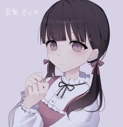 Rule 34 | 1girl, bad id, bad pixiv id, black hair, blush, bow, brown dress, brown eyes, closed mouth, dress, dress shirt, frilled dress, frills, hair bow, hair ornament, hairclip, hands up, highres, long hair, long sleeves, looking at viewer, original, puffy long sleeves, puffy sleeves, purple background, red bow, shirt, simple background, sleeveless, sleeveless dress, solo, translation request, tsuruse, twintails, twitter username, upper body, white shirt, x hair ornament