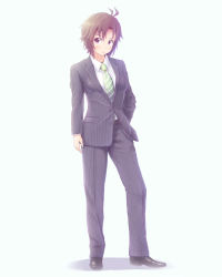 Rule 34 | 1girl, antenna hair, bad id, bad pixiv id, blue background, brown eyes, brown hair, business suit, crossdressing, curry fuumi, dress shirt, formal, full body, hand in pocket, idolmaster, idolmaster (classic), jacket, kikuchi makoto, long sleeves, looking away, mizuoka (curry), necktie, pant suit, pants, pinstripe pattern, pinstripe suit, shadow, shirt, shoes, simple background, solo, standing, striped, suit, white background