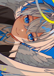 Rule 34 | 1boy, amenochi hare, black jacket, blue eyes, blue ribbon, blush, close-up, closed mouth, collared shirt, cross-shaped pupils, crossed bangs, feathered wings, grey hair, hair between eyes, halo, highres, jacket, looking at viewer, neck ribbon, open clothes, open jacket, original, portrait, ribbon, shirt, short hair, sidelocks, sideways, smile, solo, symbol-shaped pupils, watermark, white shirt, white wings, wings