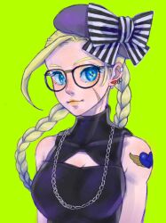 Rule 34 | bare shoulders, blonde hair, blue eyes, braid, breasts, cammy white, chaiko1000, cleavage cutout, clothing cutout, earrings, glasses, green background, hat, highres, jewelry, large breasts, lips, long hair, scar, scar on face, sleeveless, street fighter, tattoo