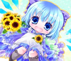 Rule 34 | 1girl, alternate costume, apron, blue eyes, blue hair, blush stickers, bouquet, bow, chibi, cirno, dutch angle, flower, gradient background, hair bow, japanese clothes, kimono, kneehighs, knees together feet apart, light particles, looking at viewer, matching hair/eyes, open mouth, outline, polka dot, polka dot background, short hair, socks, solo, sunflower, touhou, tsukiori sasa