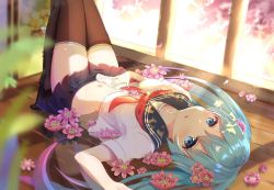 Rule 34 | 1girl, arm up, black sailor collar, black skirt, black thighhighs, blue eyes, blue hair, blurry, blurry foreground, blush, breasts, collarbone, commentary, depth of field, flower, gradient hair, hair between eyes, hatsune miku, long hair, looking at viewer, lying, mobu (wddtfy61), multicolored hair, neckerchief, no shoes, on back, parted lips, pink flower, pink hair, pleated skirt, red neckerchief, reflection, reflective floor, sailor collar, school uniform, serafuku, shirt, sidelocks, skirt, small breasts, solo, thighhighs, twintails, very long hair, vocaloid, white shirt, wooden floor