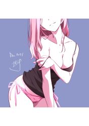 Rule 34 | 1girl, bare shoulders, black camisole, blue background, breasts, camisole, cleavage, closed mouth, collarbone, dated, hand up, highres, kneeling, long hair, nii manabu, original, panties, pink panties, signature, simple background, smile, solo, spaghetti strap, split mouth, strap slip, underwear, underwear only