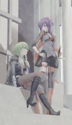 Rule 34 | 2girls, absurdres, armor, asymmetrical clothes, asymmetrical legwear, boots, breasts, byleth (female) (fire emblem), byleth (fire emblem), cleavage, collar, enlightened byleth (female), fire emblem, fire emblem: three houses, fire emblem warriors: three hopes, gloves, green eyes, green hair, hair bun, hair over one eye, hand on own hip, highres, holding, holding sword, holding weapon, ladder, large breasts, leg strap, long hair, looking down, looking to the side, looking up, medium hair, multiple girls, nintendo, on floor, purple eyes, purple hair, shez (female) (fire emblem), shez (fire emblem), shoulder armor, single glove, single hair bun, sokoo, standing, sword, thighhighs, weapon