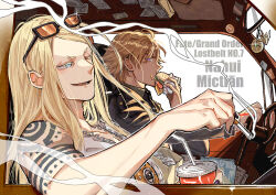Rule 34 | 2boys, bare shoulders, black nails, blonde hair, blue eyes, burger, car, cigarette, coat, command spell, cup, daybit sem void, disposable cup, drinking straw, driving, eating, english text, eyewear on head, fate/grand order, fate (series), food, hair between eyes, holding, holding cigarette, holding cup, jewelry, long hair, looking ahead, looking at viewer, male focus, medallion, motor vehicle, multiple boys, necklace, one eye closed, orange-tinted eyewear, purple eyes, shirt, short hair, shoulder tattoo, simple background, smile, smoke, sunglasses, tattoo, tezcatlipoca (fate), tinted eyewear, trench coat, white background, white shirt, worrisorochi