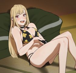 Rule 34 | 1girl, :d, bare legs, bikini, black bikini, black choker, blonde hair, blush, breasts, cellphone, choker, cleavage, commentary, ear piercing, eyelashes, eyeshadow, feet out of frame, floral print, holding, holding phone, hong doo, kitagawa marin, knees together feet apart, korean commentary, large breasts, long hair, looking to the side, lying, makeup, navel, on back, open mouth, phone, photo background, piercing, print bikini, red eyes, side-tie bikini bottom, smartphone, smile, solo, sono bisque doll wa koi wo suru, string bikini, swimsuit, tatami, thighs