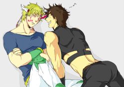 Rule 34 | 2boys, all fours, battle tendency, blonde hair, blue shirt, brown hair, caesar anthonio zeppeli, crop top, drawing on another&#039;s face, facepaint, facial mark, feather hair ornament, feathers, fingerless gloves, gloves, grin, hair ornament, jojo no kimyou na bouken, joseph joestar, joseph joestar (young), knee pads, kock k, male focus, midriff, multiple boys, musical note, shirt, smile, t-shirt, triangle print