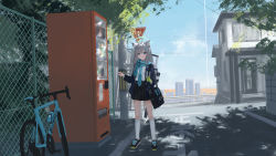 Rule 34 | 1girl, absurdres, animal ear fluff, animal ears, assault rifle, awoilo, bag, bicycle, black footwear, black skirt, blazer, blue archive, blue bag, blue eyes, blue jacket, blue necktie, blue scarf, building, commentary, cross hair ornament, fence, grey hair, gun, hair ornament, halo, highres, holding, holding bag, house, jacket, kneehighs, looking at viewer, medium hair, mountain bicycle, necktie, open clothes, open jacket, outdoors, parted lips, plaid, plaid skirt, pleated skirt, pointing, pointing to the side, rifle, road, scarf, school bag, school uniform, shiroko (blue archive), shirt, shirt tucked in, shoes, shoulder bag, sig sauer 556, skirt, skyline, sneakers, socks, solo, striped clothes, striped scarf, utility pole, vending machine, weapon, white shirt, white socks, wide shot, wolf ears