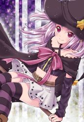 Rule 34 | 1girl, arm warmers, belt, black cape, black hat, black shirt, black sleeves, brown belt, brown footwear, cape, closed mouth, criss-cross halter, crop top, detached sleeves, halterneck, hat, looking at viewer, magia record: mahou shoujo madoka magica gaiden, magical girl, mahou shoujo madoka magica, miniskirt, misono karin, mitsu masaya, pink ribbon, pleated skirt, print skirt, purple hair, purple thighhighs, red eyes, ribbon, shirt, skirt, smile, solo, star (symbol), star print, striped clothes, striped thighhighs, thighhighs, white skirt, witch hat, yellow gemstone