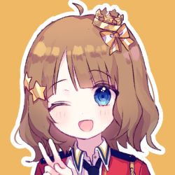 Rule 34 | 1girl, ;d, ahoge, bad id, bad pixiv id, black neckwear, blue eyes, blush, bow, brown hair, collared shirt, copyright request, crown, hair bow, hair ornament, hand up, jacket, long hair, looking at viewer, mini crown, one eye closed, open clothes, open jacket, open mouth, orange background, orange bow, outline, portrait, poyo (shwjdddms249), red jacket, shirt, smile, solo, star (symbol), star hair ornament, striped, striped bow, v, white outline, white shirt