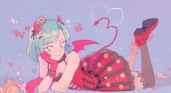 Rule 34 | 1girl, aqua hair, bad id, bad twitter id, bang dream!, black thighhighs, blue background, bow, breasts, cleavage, crown, demon costume, demon horns, demon tail, demon wings, dress, feet up, fur collar, gloves, halloween, halloween costume, head rest, heart, hikawa hina, horns, jewelry, looking at viewer, mini crown, over-kneehighs, red bow, red dress, red footwear, red gloves, red wings, res2shuu, shoes, short hair, smile, solo, striped clothes, striped dress, tail, thighhighs, vertical-striped clothes, vertical-striped dress, wings