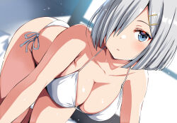 Rule 34 | 1girl, bare shoulders, belko, bikini, blue eyes, blurry, blurry background, breasts, cleavage, collarbone, female focus, grey hair, hair ornament, hair over one eye, hairclip, hamakaze (kancolle), highres, kantai collection, large breasts, light blush, looking at viewer, parted lips, short hair, solo, swimsuit, thighs, white bikini