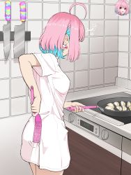 Rule 34 | 1girl, ahoge, belt collar, choker, collar, commentary, cooking, cowboy shot, dumpling, earrings, english commentary, fang, food, from behind, frying pan, giganticbuddha, hair intakes, highres, idolmaster, idolmaster cinderella girls, indoors, jewelry, jiaozi, kitchen, knife, motion lines, multicolored hair, off-shoulder shirt, off shoulder, open mouth, oversized clothes, oversized shirt, pill, pill earrings, pink choker, pink collar, pink eyes, pink hair, scratching ass, shirt, short hair, spatula, stove, t-shirt, tile wall, tiles, two-tone hair, yumemi riamu