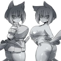 Rule 34 | 1girl, animal ears, asagi (bombergirl), ass, bikini, bob cut, bombergirl, breasts, curvy, dizzyspells, greyscale, highres, huge breasts, katana, large breasts, looking back, microskirt, military uniform, monochrome, multiple views, short hair, shortstack, simple background, skirt, solo, sweat, swimsuit, sword, tail, thick thighs, thighs, uniform, weapon, white background, wolf ears, wolf girl, wolf tail