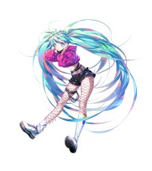 Rule 34 | 1girl, absurdly long hair, absurdres, black shorts, blue eyes, blue hair, blush, crop top, fishnet pantyhose, fishnets, floating hair, full body, hatsune miku, highres, hood, hood down, hooded sweater, hyuding (hhgy0925), long hair, midriff, pantyhose, red sweater, short shorts, shorts, simple background, solo, stomach, sweater, twintails, very long hair, vocaloid, white background, white pantyhose