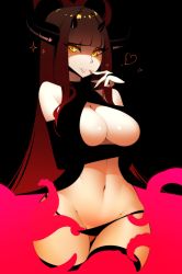 Rule 34 | 1girl, arm under breasts, bare shoulders, black background, black dress, black gloves, black panties, blunt bangs, borrowed character, breasts, bridal gauntlets, brown hair, cowboy shot, demon girl, demon horns, dress, elbow gloves, finger to mouth, gloves, halphelt, heart, horns, large breasts, long hair, looking at viewer, navel, open clothes, open dress, original, panties, panty pull, parted lips, pink thighhighs, seductive smile, smile, solo, sparkle, tentacles, thighhighs, underwear, very long hair, yellow eyes