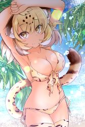 Rule 34 | 1girl, animal ear fluff, animal ears, animal print, armpits, arms on head, arms up, bare arms, beach, bikini, blonde hair, breasts, brown hair, cleavage, commentary request, cowboy shot, day, front-tie bikini top, front-tie top, highres, jaguar (kemono friends), jaguar ears, jaguar print, jaguar tail, kemono friends, leaf, looking at viewer, medium breasts, medium hair, multicolored hair, navel, ocean, open mouth, outdoors, print bikini, print swimsuit, print thighhighs, sand, side-tie bikini bottom, side-tie bottom, side-tie swimsuit, solo, stomach, swimsuit, tail, tan, thighhighs, water, white hair, woru (orifice), yellow eyes