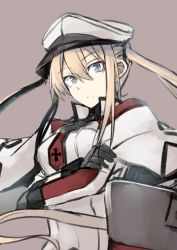 Rule 34 | 1girl, black gloves, blonde hair, brown background, capelet, celtic knot, cross, gloves, graf zeppelin (kancolle), grey eyes, hair between eyes, hat, high ponytail, iron cross, kantai collection, machinery, military, military hat, military uniform, necktie, nyahu01, peaked cap, sidelocks, tsurime, twintails, uniform, white hat