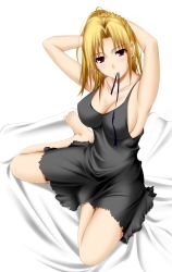 Rule 34 | 1girl, adjusting hair, armpits, arms behind head, barefoot, bed, bed sheet, black dress, blonde hair, breasts, collarbone, dress, feet, large breasts, mouth hold, red eyes, ribbon, ribbon in mouth, ribucci, sitting, solo, yokozuwari