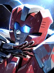 Rule 34 | autobot, commentary, english commentary, first aid (transformers), highres, lina rojas, looking at viewer, mecha, open hand, parted lips, portrait, rain, robot, science fiction, smile, solo, the transformers (idw), transformers