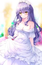 Rule 34 | 1girl, alternate costume, azur lane, bare shoulders, blurry, blurry background, blush, breasts, bridal veil, cleavage, closed mouth, clothes lift, collarbone, dress, flower, frills, fuuna, gloves, hair between eyes, hair flower, hair ornament, hairclip, highres, long hair, looking at viewer, medium breasts, mullany (azur lane), purple hair, smile, solo, swept bangs, veil, wedding dress, white gloves, x hair ornament, yellow eyes