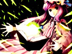 Rule 34 | 1girl, black background, book, female focus, hanada hyou, long hair, magic, patchouli knowledge, purple hair, ribbon, solo, touhou